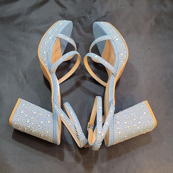 BRAND NEW FOREVER DENIN BLOCK HEEL VERSATILE STUDDED WITH PEARL SANDAL G1 - Picture 10 of 15